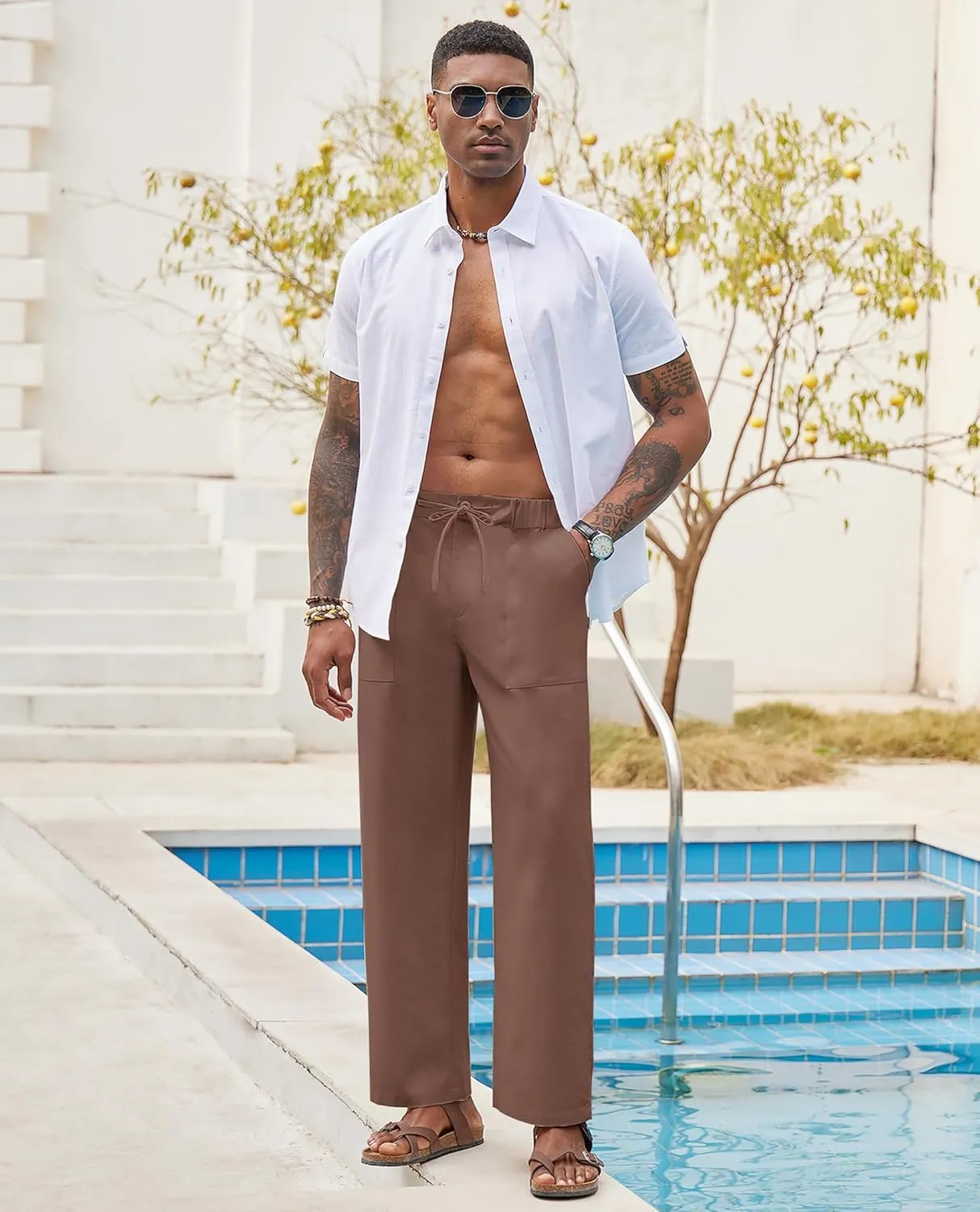 Linen Pants for Men - Casual Wide Leg Beach & Lounge Pants with Pockets