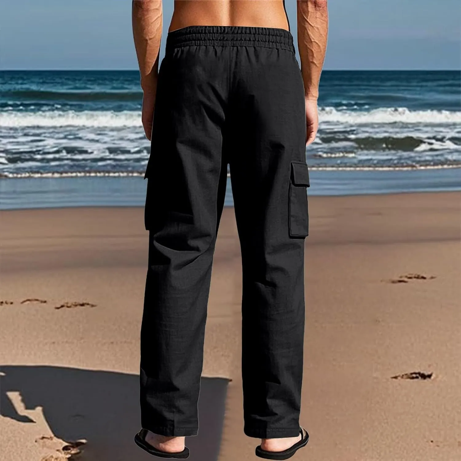 Linen Pants for Men Loose Fit Elastic Waist Drawstring Pants Slim Fit Casual Summer Lightweight Lounge Beach Trousers