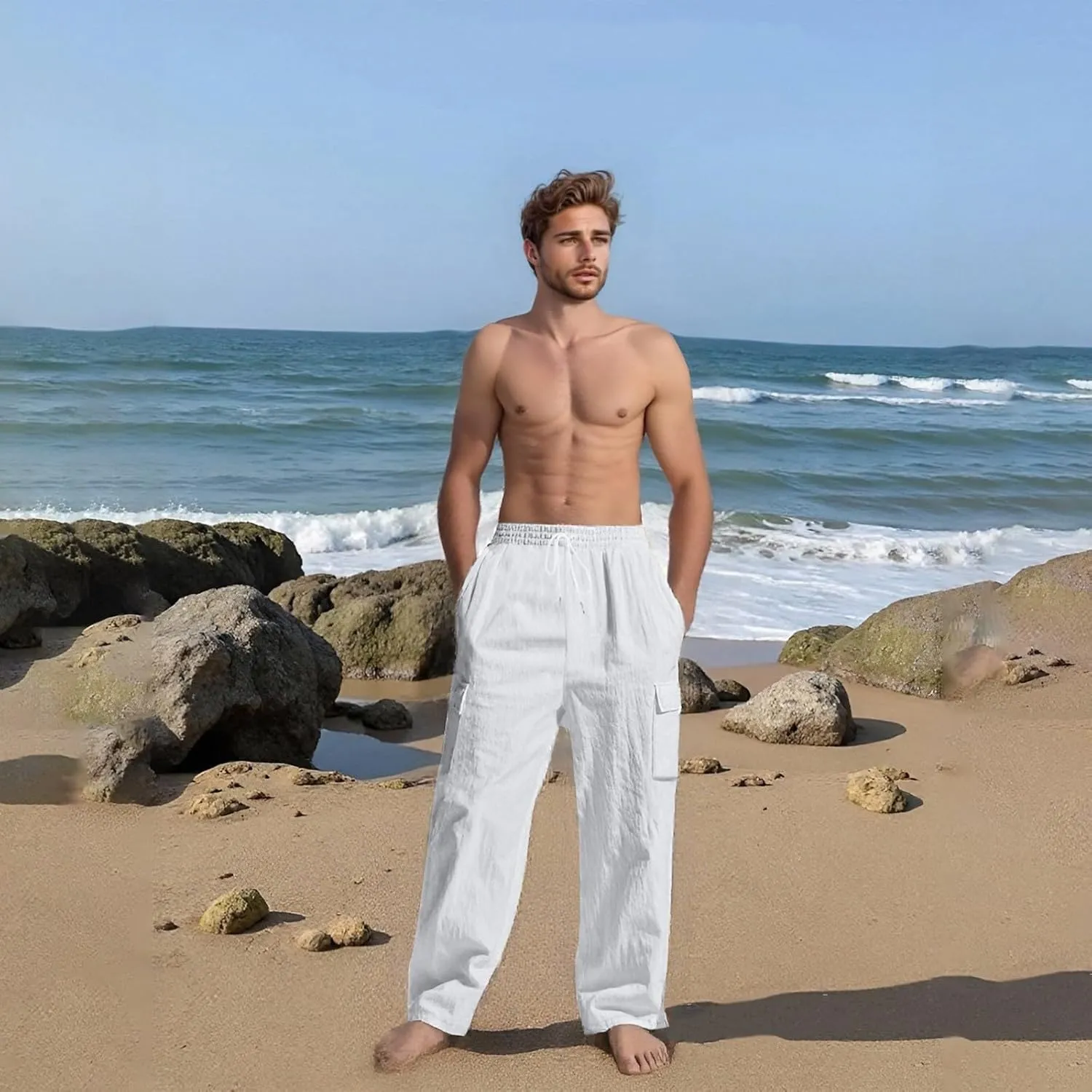 Linen Pants for Men Loose Fit Elastic Waist Drawstring Pants Slim Fit Casual Summer Lightweight Lounge Beach Trousers
