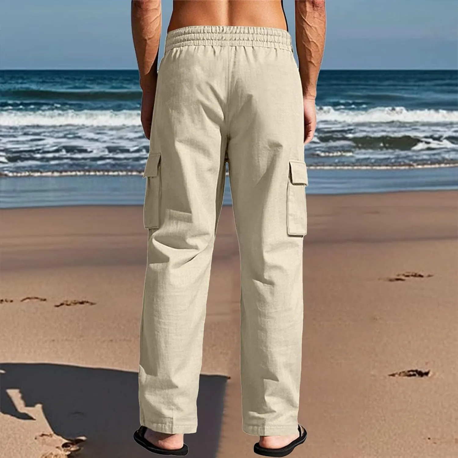 Linen Pants for Men Loose Fit Elastic Waist Drawstring Pants Slim Fit Casual Summer Lightweight Lounge Beach Trousers