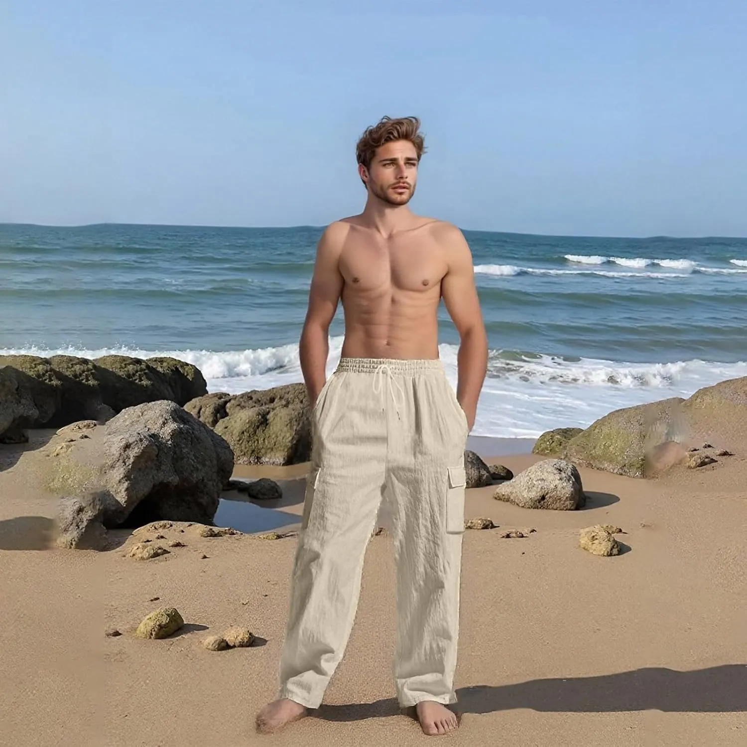 Linen Pants for Men Loose Fit Elastic Waist Drawstring Pants Slim Fit Casual Summer Lightweight Lounge Beach Trousers