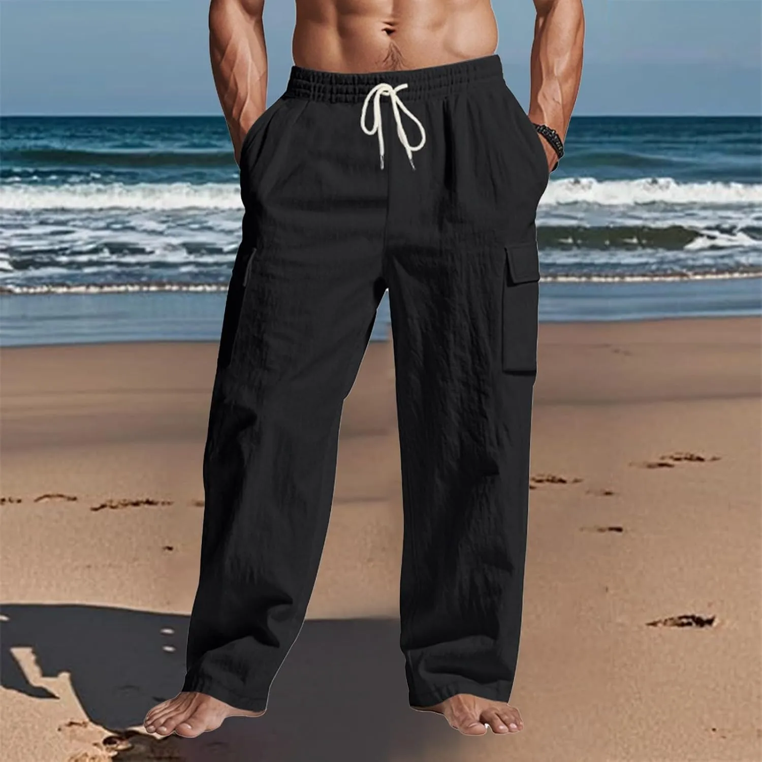 Linen Pants for Men Loose Fit Elastic Waist Drawstring Pants Slim Fit Casual Summer Lightweight Lounge Beach Trousers