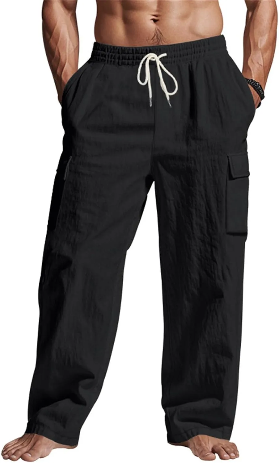 Linen Pants for Men Loose Fit Elastic Waist Drawstring Pants Slim Fit Casual Summer Lightweight Lounge Beach Trousers