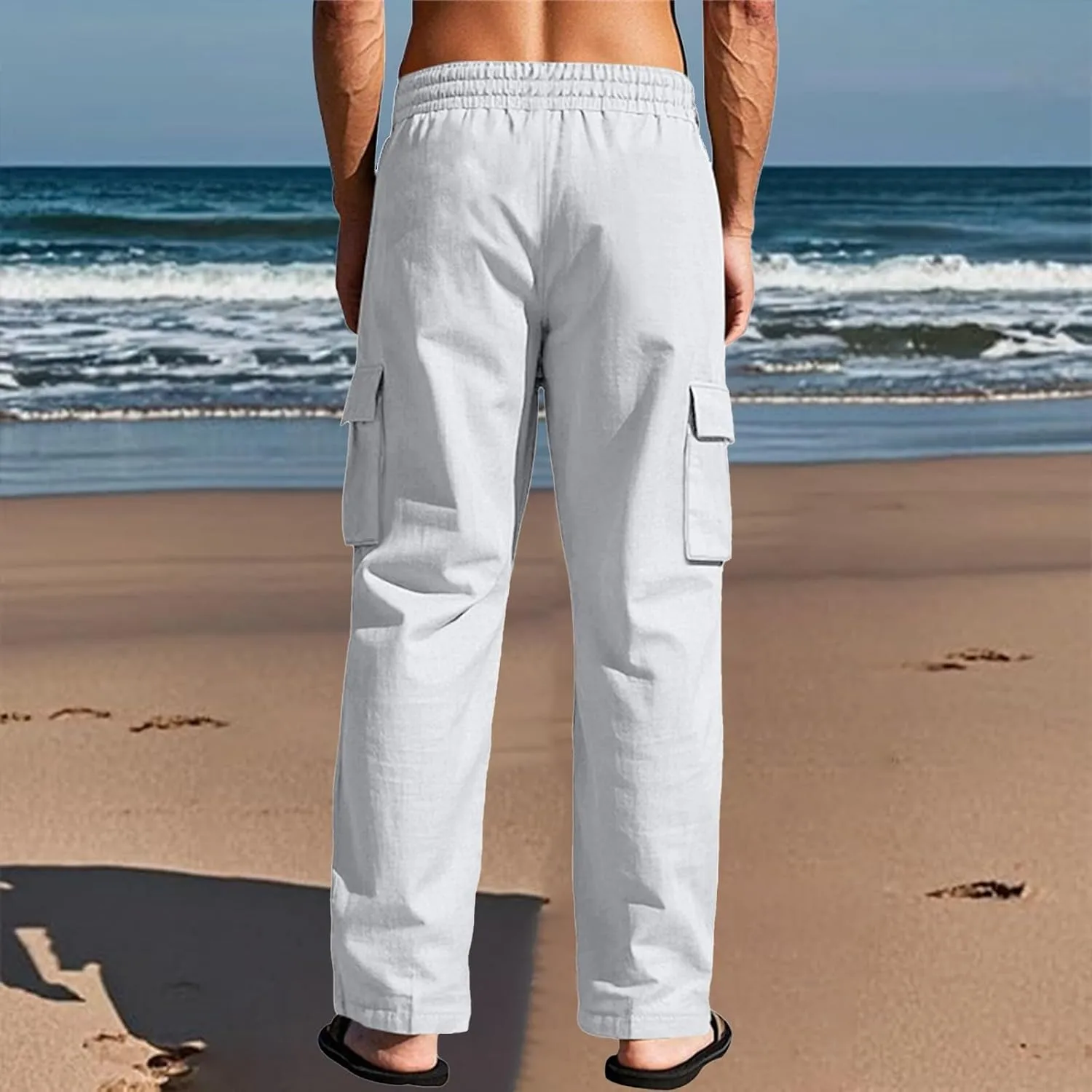 Linen Pants for Men Loose Fit Elastic Waist Drawstring Pants Slim Fit Casual Summer Lightweight Lounge Beach Trousers