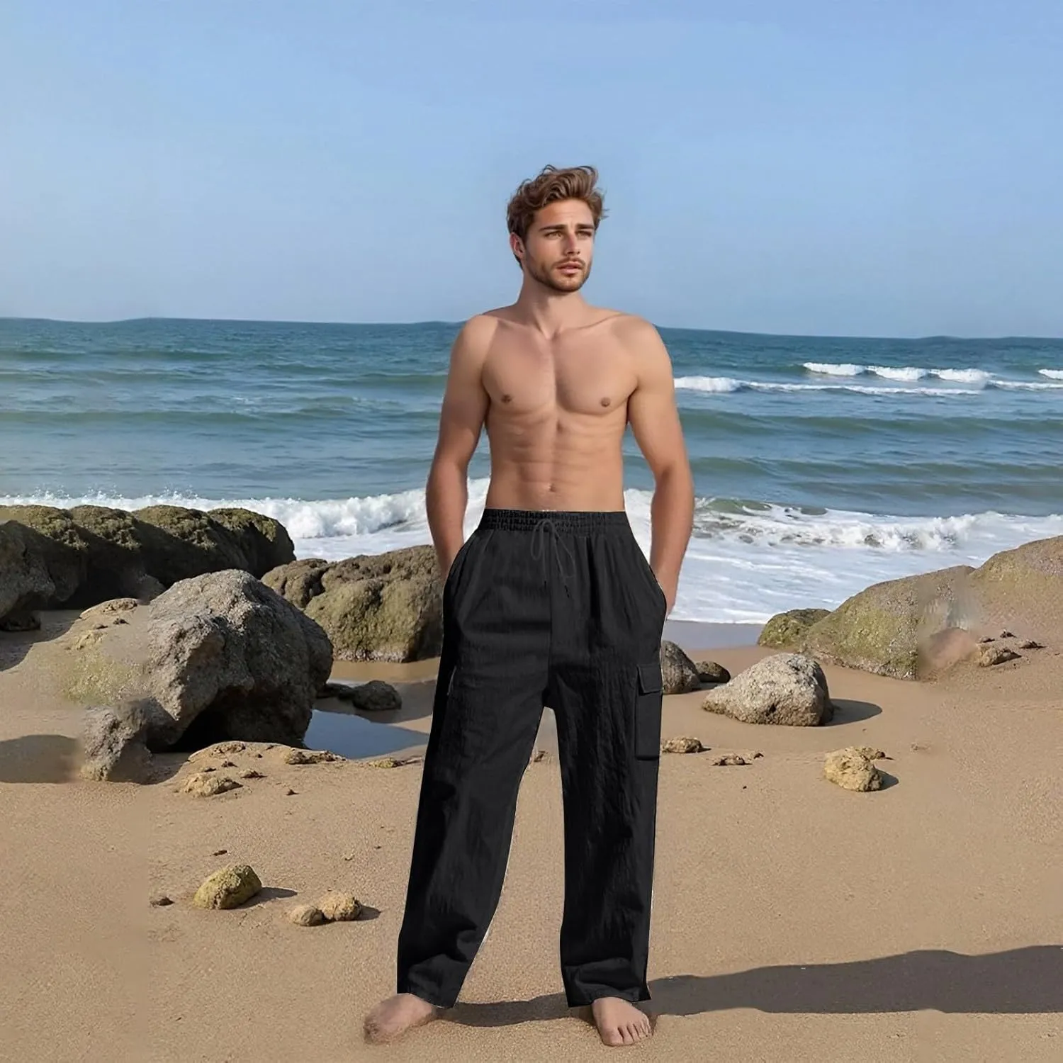 Linen Pants for Men Loose Fit Elastic Waist Drawstring Pants Slim Fit Casual Summer Lightweight Lounge Beach Trousers