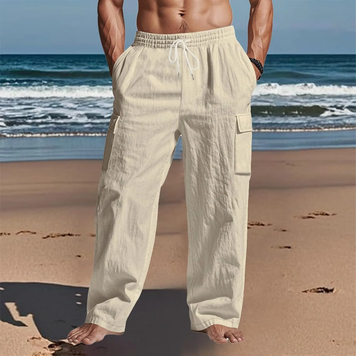 Linen Pants for Men Loose Fit Elastic Waist Drawstring Pants Slim Fit Casual Summer Lightweight Lounge Beach Trousers