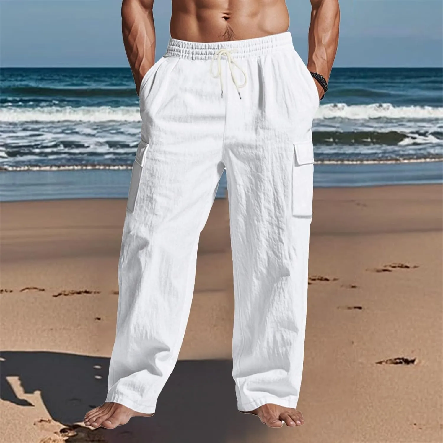 Linen Pants for Men Loose Fit Elastic Waist Drawstring Pants Slim Fit Casual Summer Lightweight Lounge Beach Trousers