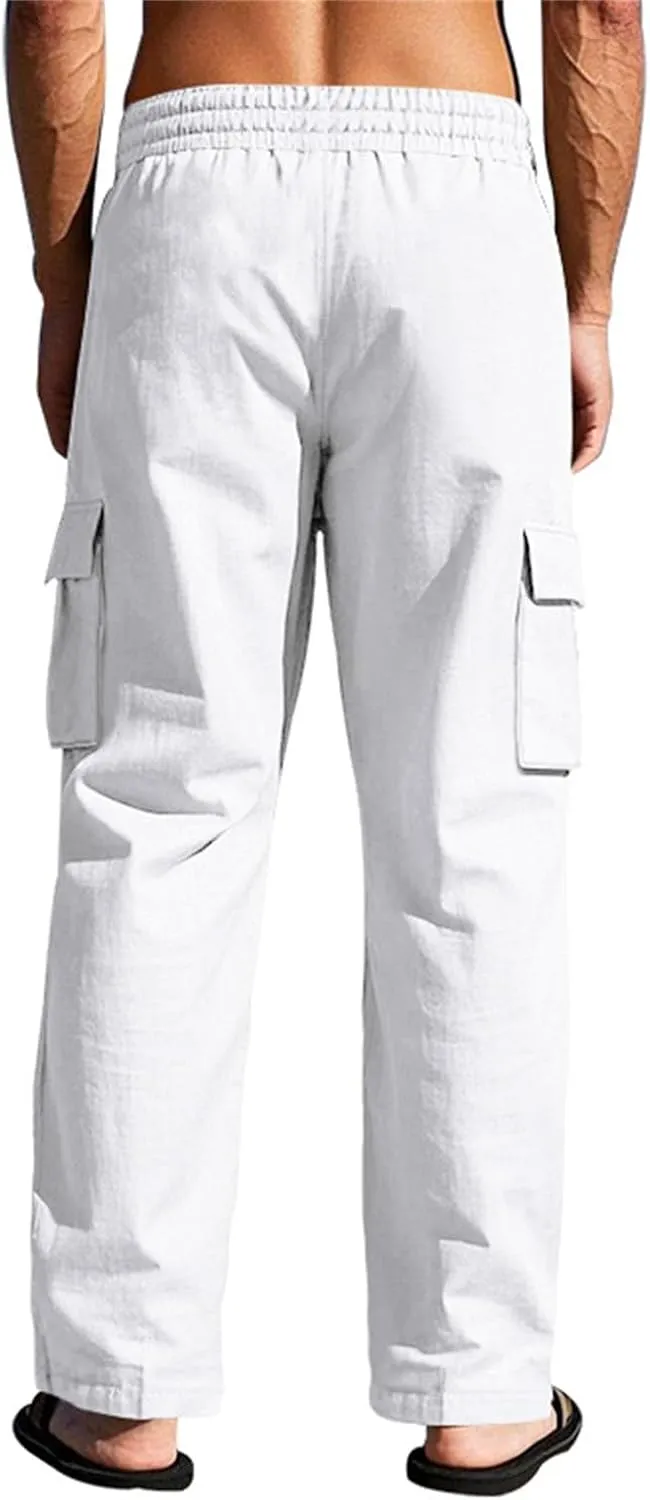 Linen Pants for Men Loose Fit Elastic Waist Drawstring Pants Slim Fit Casual Summer Lightweight Lounge Beach Trousers