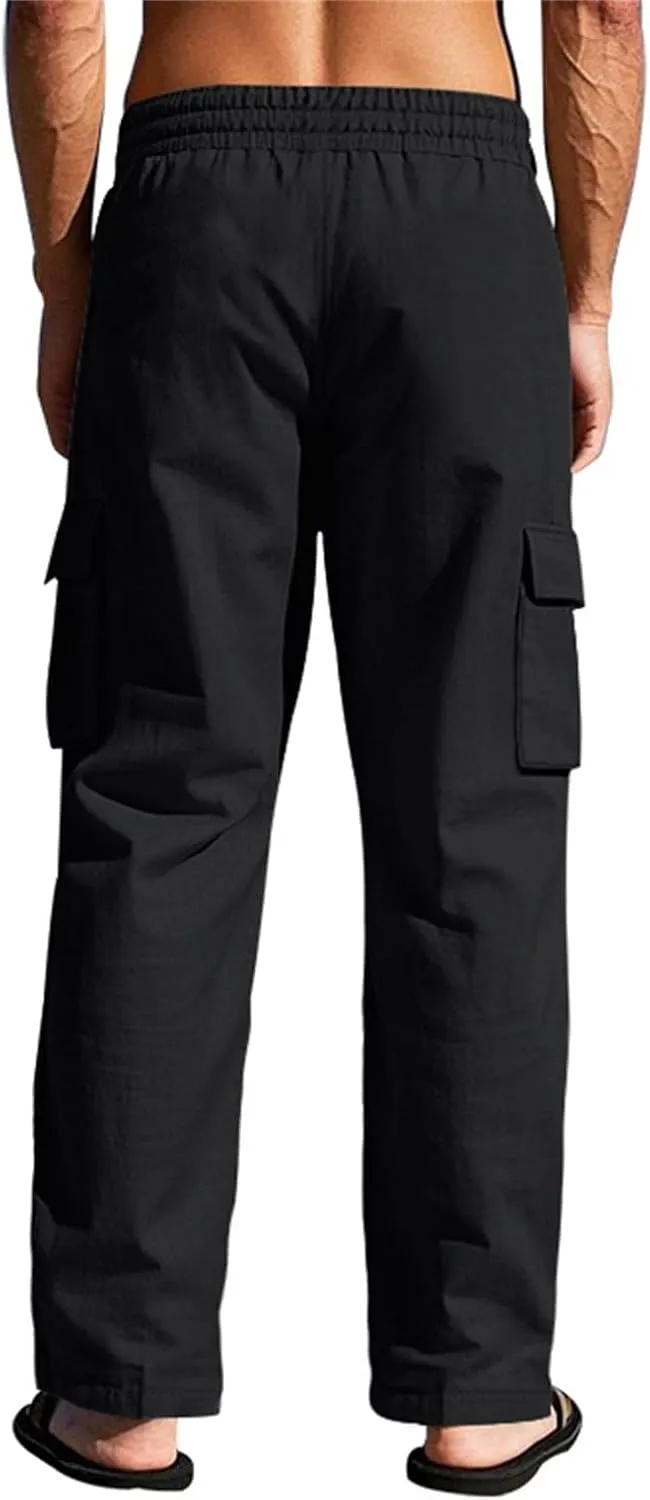 Linen Pants for Men Loose Fit Elastic Waist Drawstring Pants Slim Fit Casual Summer Lightweight Lounge Beach Trousers