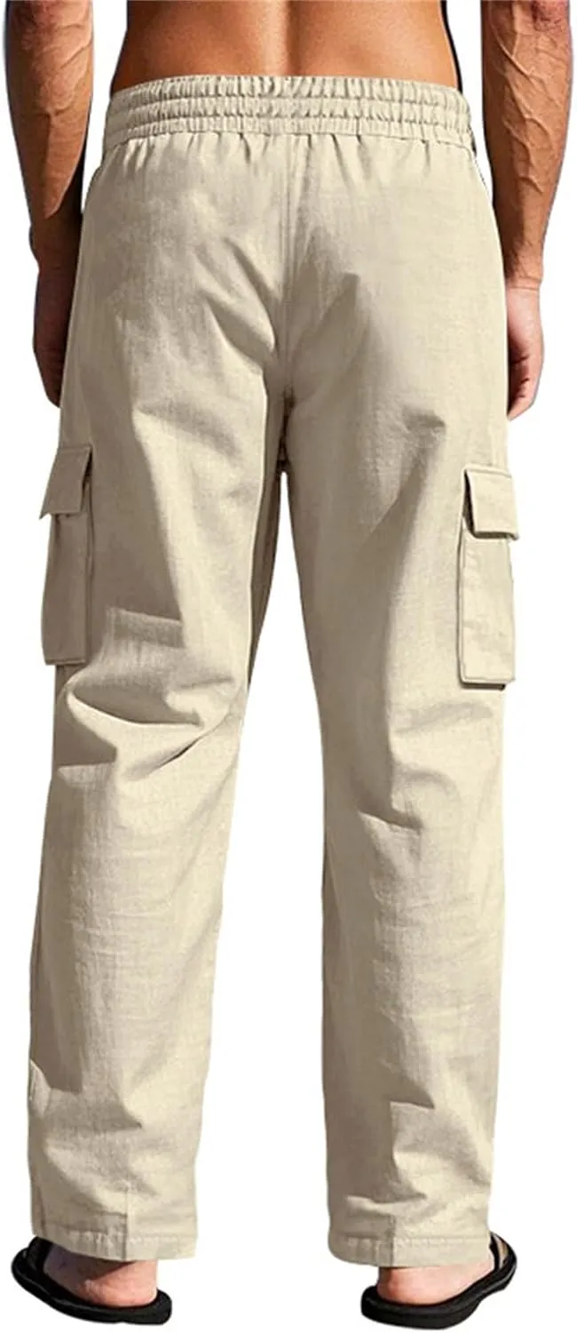 Linen Pants for Men Loose Fit Elastic Waist Drawstring Pants Slim Fit Casual Summer Lightweight Lounge Beach Trousers