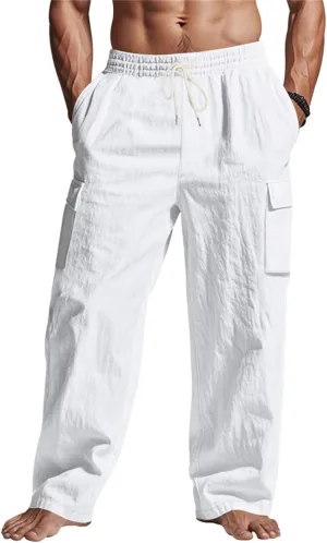 Linen Pants for Men Loose Fit Elastic Waist Drawstring Pants Slim Fit Casual Summer Lightweight Lounge Beach Trousers