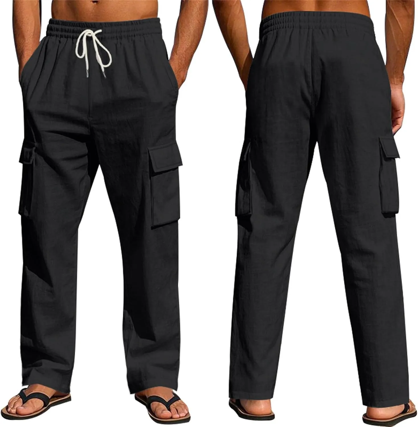 Linen Pants for Men Loose Fit Elastic Waist Drawstring Pants Slim Fit Casual Summer Lightweight Lounge Beach Trousers