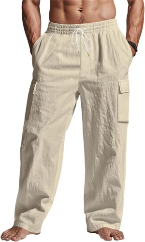 Linen Pants for Men Loose Fit Elastic Waist Drawstring Pants Slim Fit Casual Summer Lightweight Lounge Beach Trousers