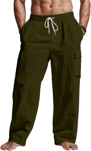 Linen Pants for Men Loose Fit Summer Elastic Waist Wide Leg Men's Pants Dress Drawstring Beach Casual Lounge Trousers