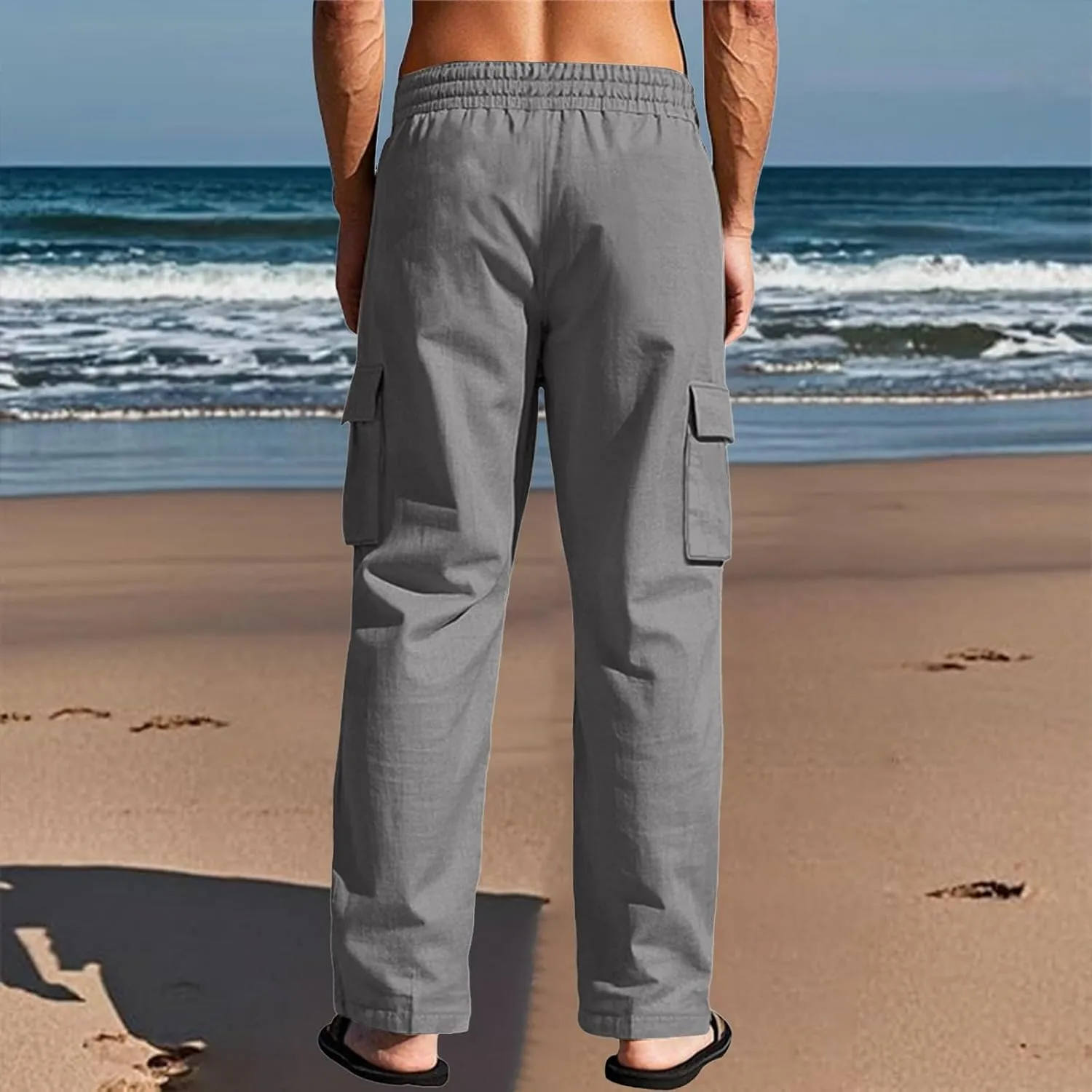 Linen Pants for Men Loose Fit Summer Elastic Waist Wide Leg Men's Pants Dress Drawstring Beach Casual Lounge Trousers