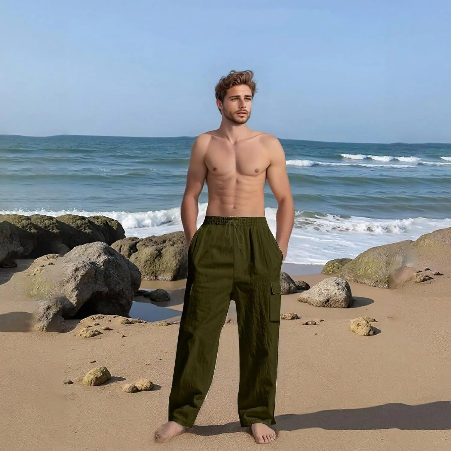 Linen Pants for Men Loose Fit Summer Elastic Waist Wide Leg Men's Pants Dress Drawstring Beach Casual Lounge Trousers