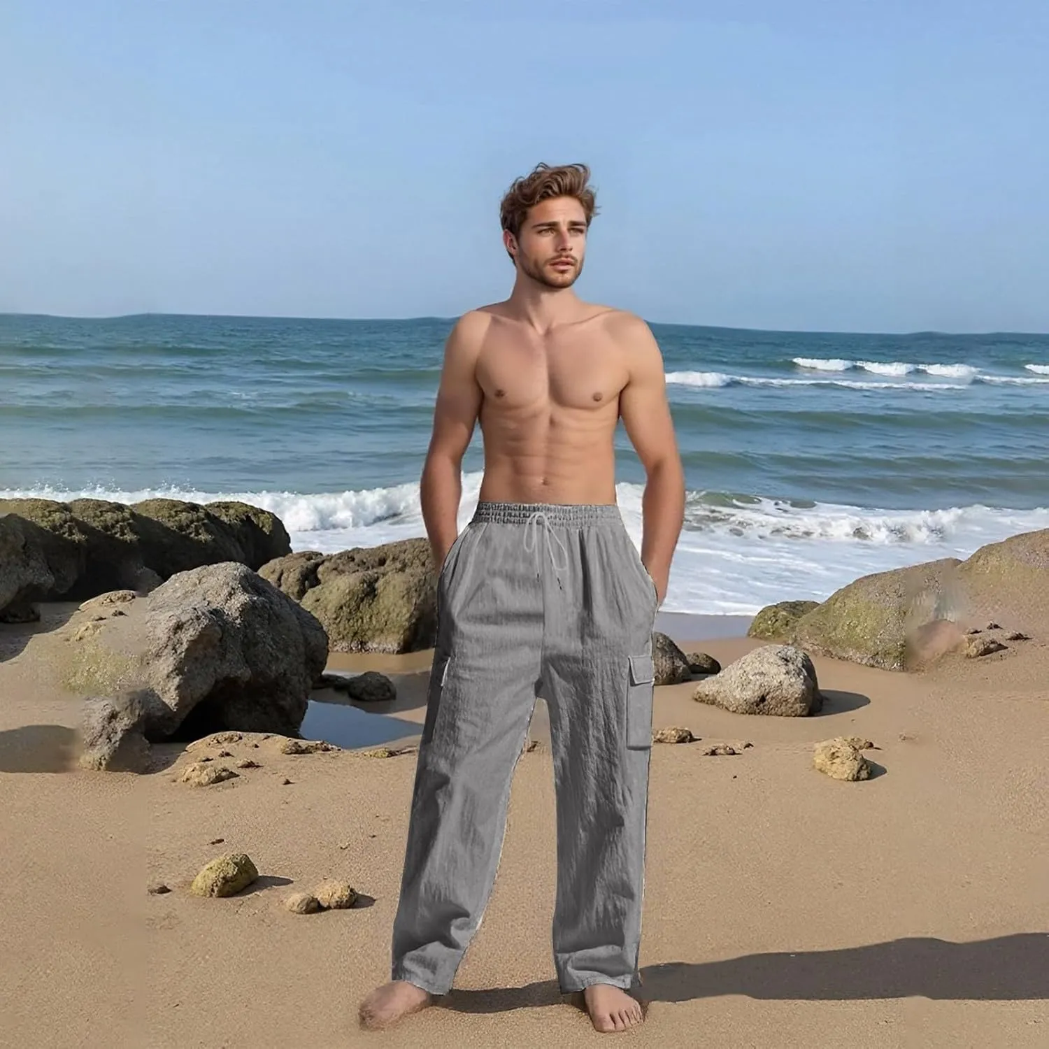 Linen Pants for Men Loose Fit Summer Elastic Waist Wide Leg Men's Pants Dress Drawstring Beach Casual Lounge Trousers