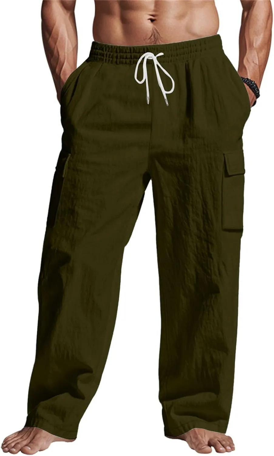 Linen Pants for Men Loose Fit Summer Elastic Waist Wide Leg Men's Pants Dress Drawstring Beach Casual Lounge Trousers