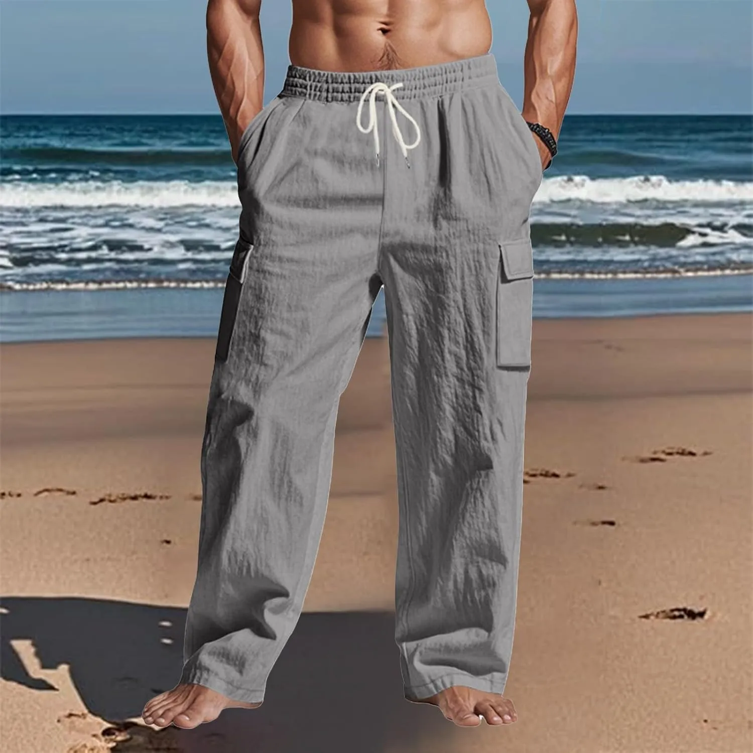 Linen Pants for Men Loose Fit Summer Elastic Waist Wide Leg Men's Pants Dress Drawstring Beach Casual Lounge Trousers
