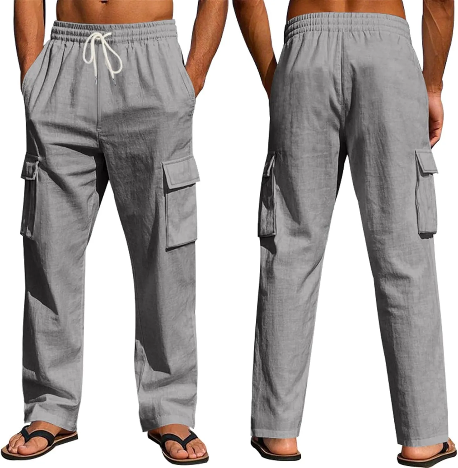 Linen Pants for Men Loose Fit Summer Elastic Waist Wide Leg Men's Pants Dress Drawstring Beach Casual Lounge Trousers