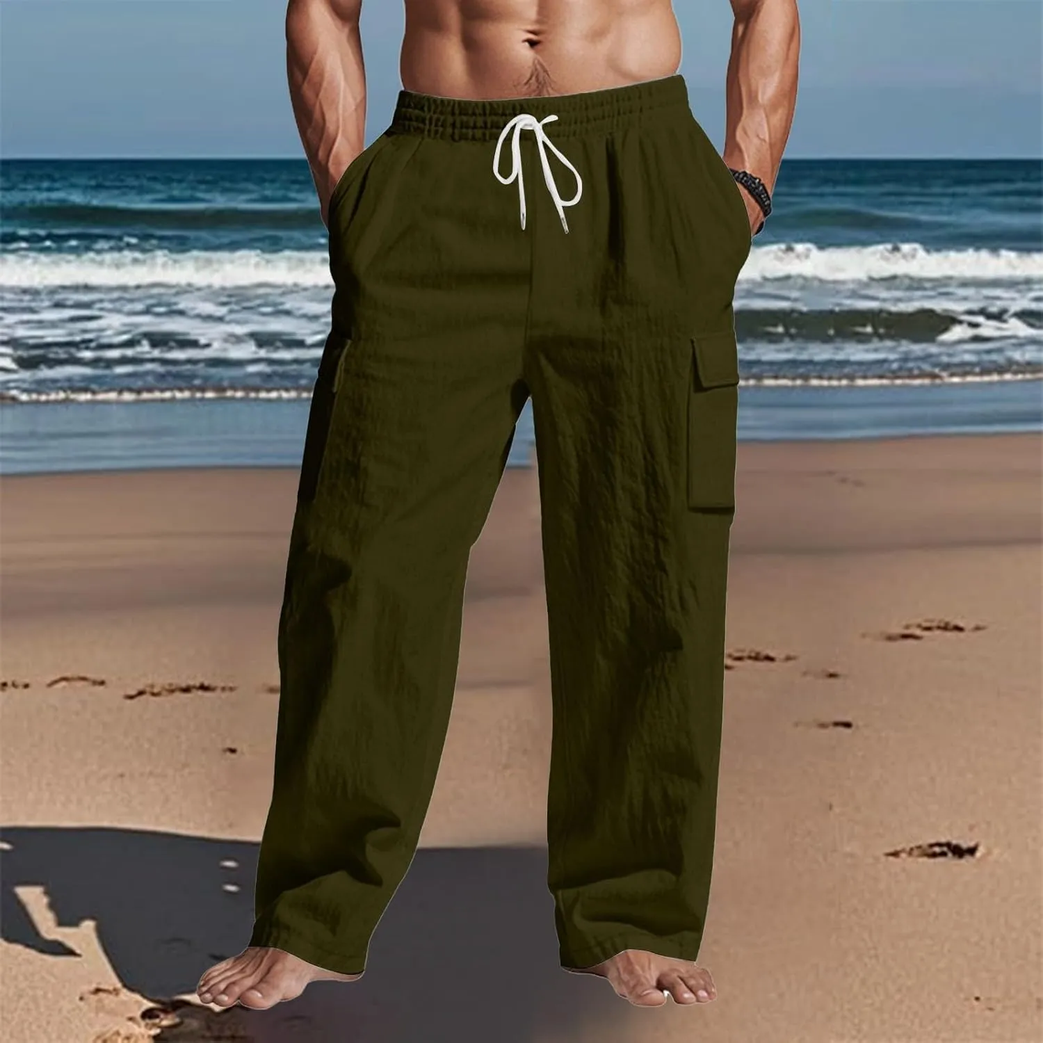 Linen Pants for Men Loose Fit Summer Elastic Waist Wide Leg Men's Pants Dress Drawstring Beach Casual Lounge Trousers