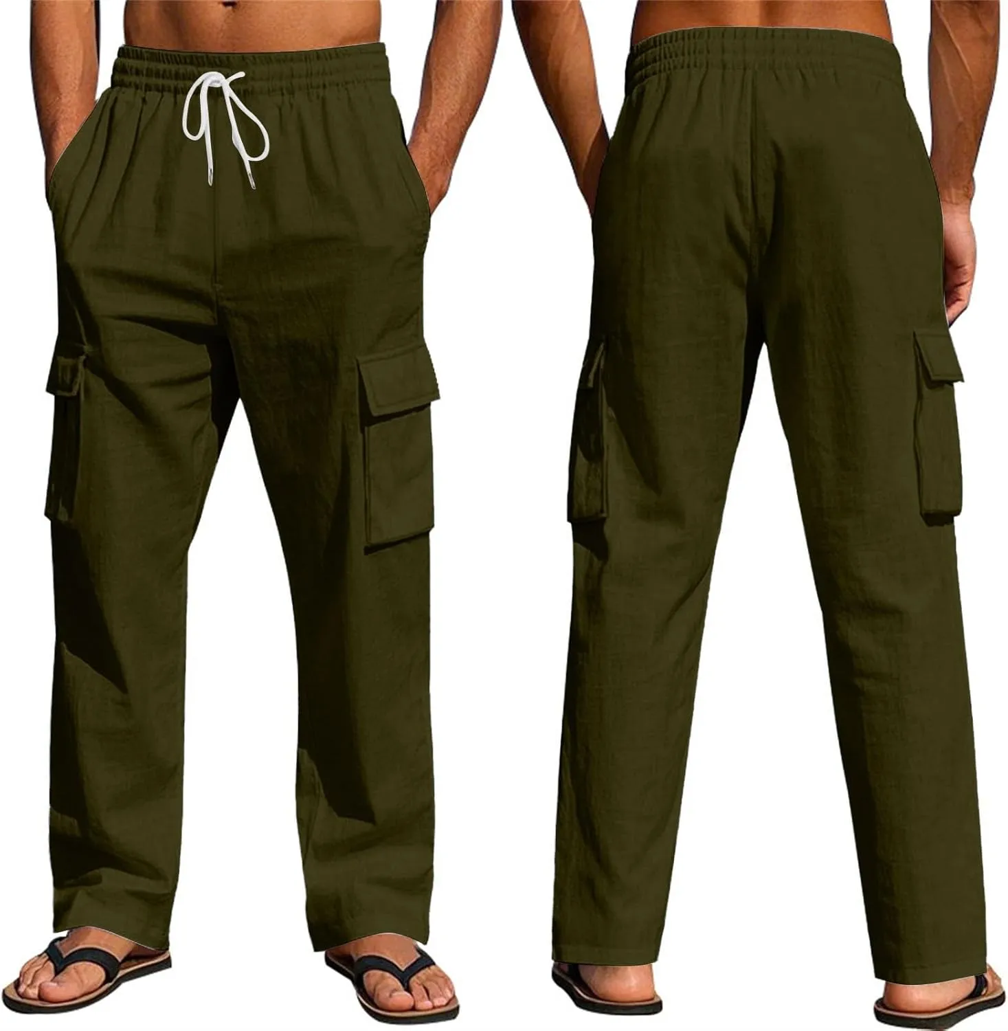 Linen Pants for Men Loose Fit Summer Elastic Waist Wide Leg Men's Pants Dress Drawstring Beach Casual Lounge Trousers