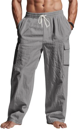Linen Pants for Men Loose Fit Summer Elastic Waist Wide Leg Men's Pants Dress Drawstring Beach Casual Lounge Trousers