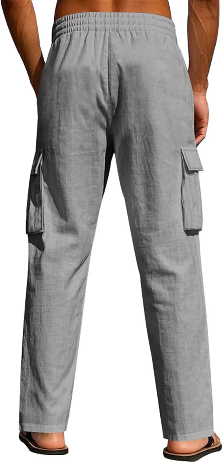 Linen Pants for Men Loose Fit Summer Elastic Waist Wide Leg Men's Pants Dress Drawstring Beach Casual Lounge Trousers