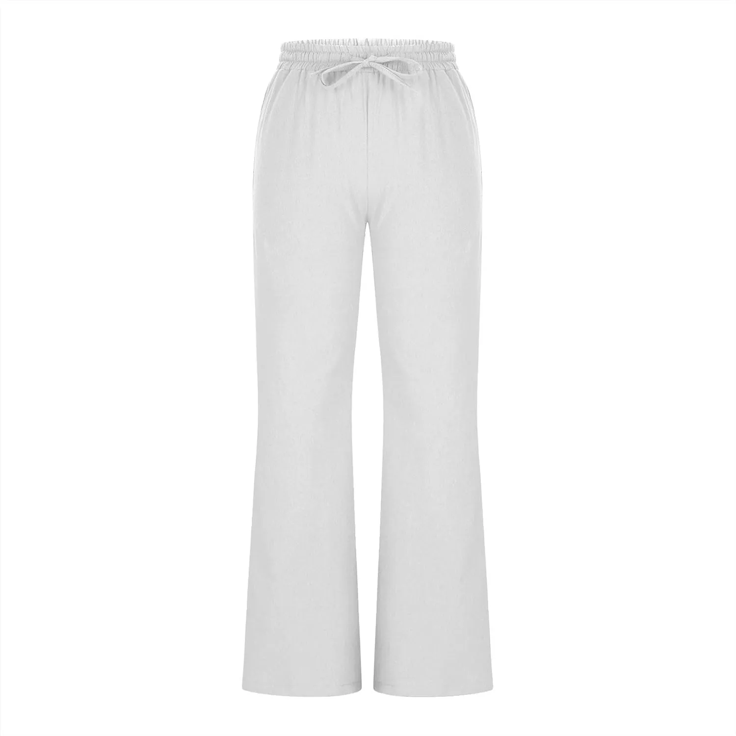 Linen Pants for Women 2025 Summer Casual Flare Trousers Drawstring Elastic High Waist Cotton Long Pant with Pockets