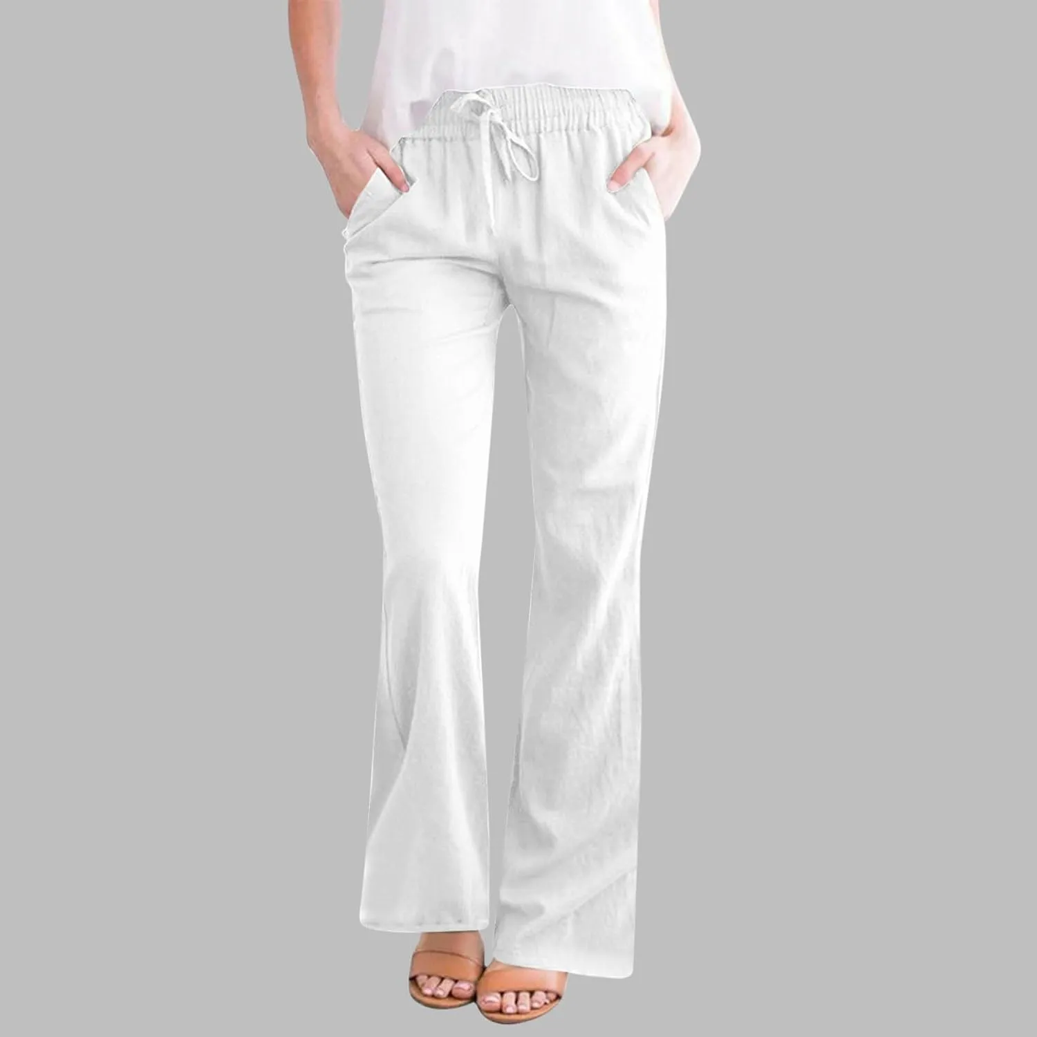 Linen Pants for Women 2025 Summer Casual Flare Trousers Drawstring Elastic High Waist Cotton Long Pant with Pockets