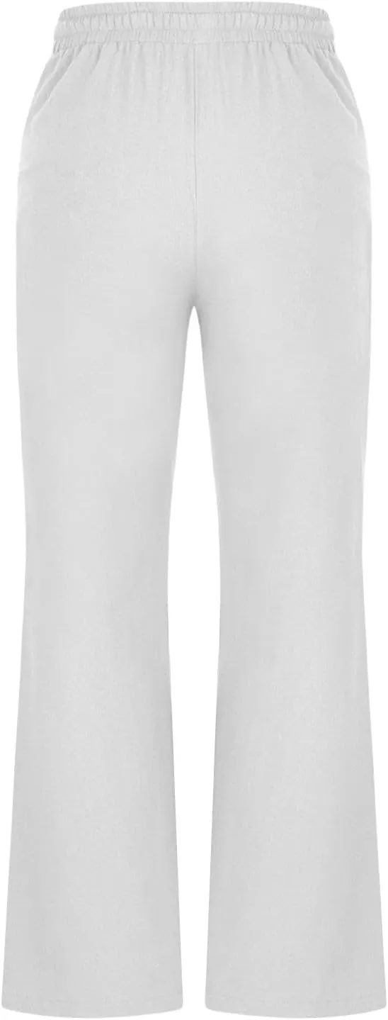 Linen Pants for Women 2025 Summer Casual Flare Trousers Drawstring Elastic High Waist Cotton Long Pant with Pockets