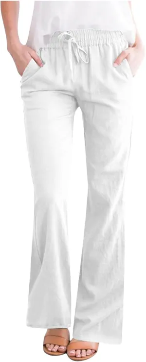 Linen Pants for Women 2025 Summer Casual Flare Trousers Drawstring Elastic High Waist Cotton Long Pant with Pockets