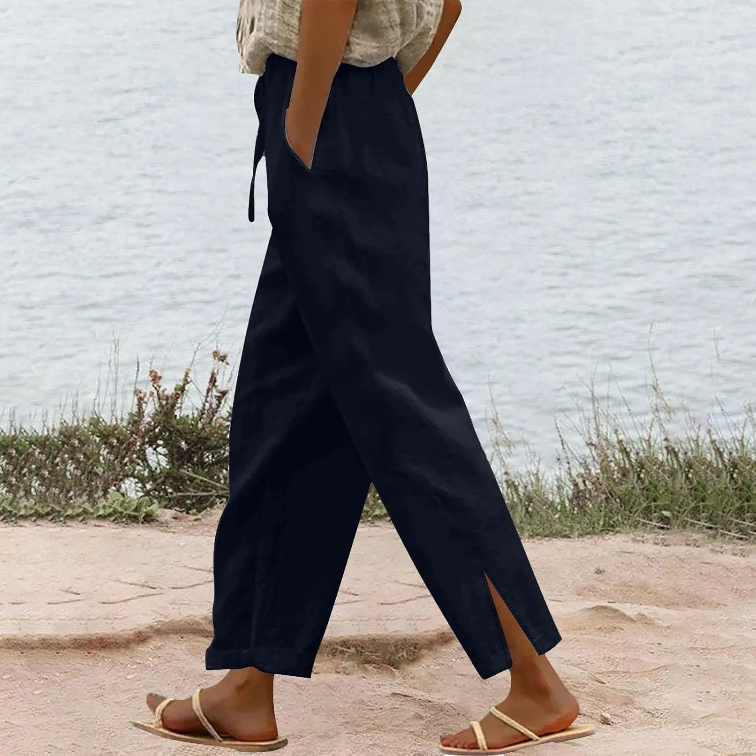Linen Pants for Women 2025 Summer High Waist Elastic Straight Leg Pant Casual Loose Lightweight Beach Trousers