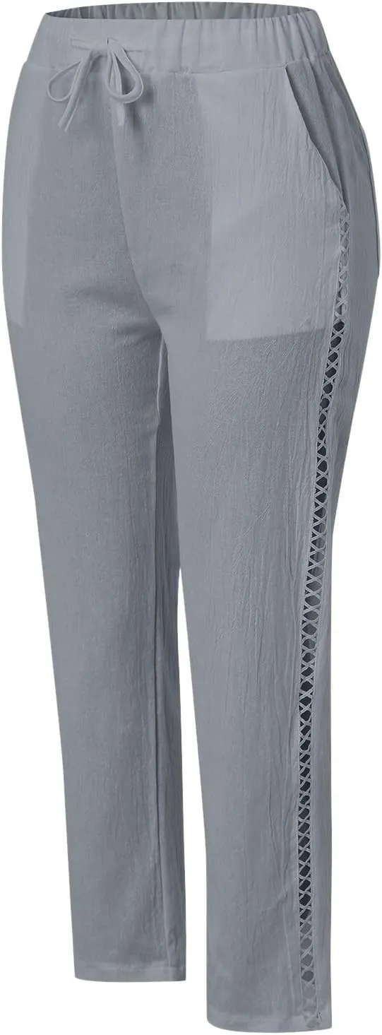 Linen Pants for Women Casual Summer Boho Straight Leg Solid Color High Waisted Linen Pants Straight Trousers with Pockets