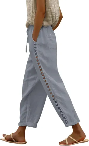 Linen Pants for Women Casual Summer Boho Straight Leg Solid Color High Waisted Linen Pants Straight Trousers with Pockets