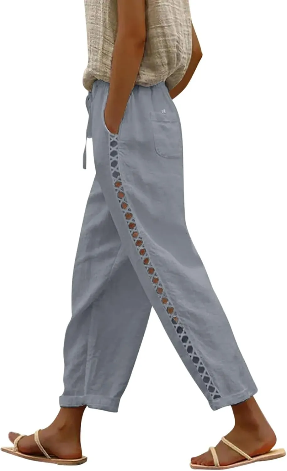 Linen Pants for Women Casual Summer Boho Straight Leg Solid Color High Waisted Linen Pants Straight Trousers with Pockets