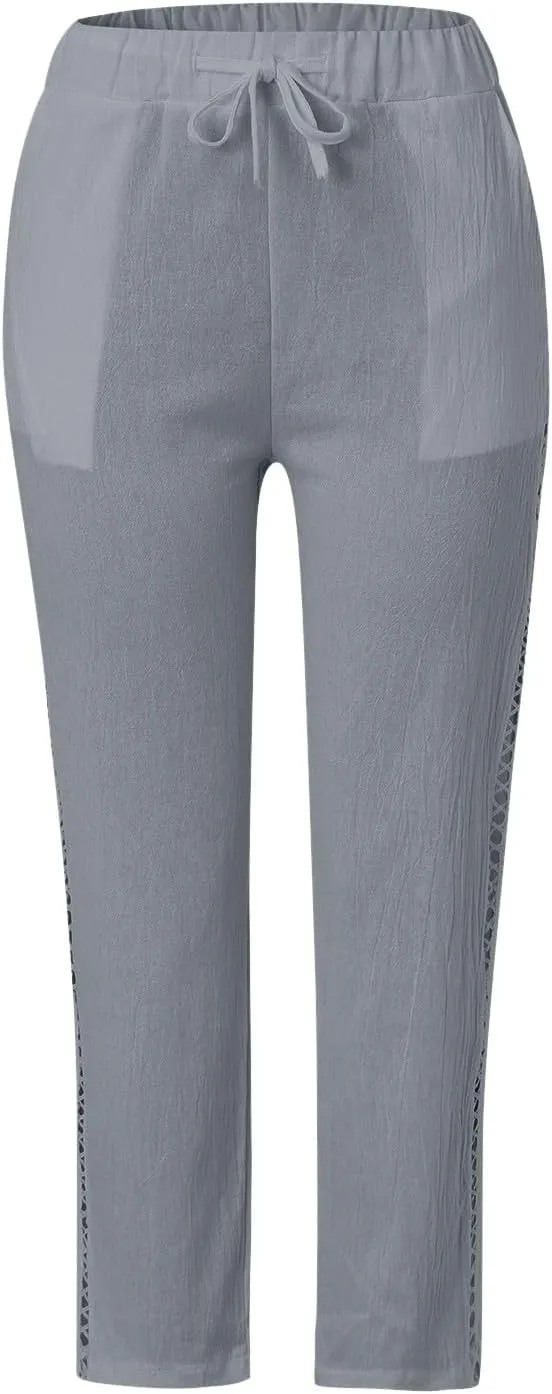 Linen Pants for Women Casual Summer Boho Straight Leg Solid Color High Waisted Linen Pants Straight Trousers with Pockets