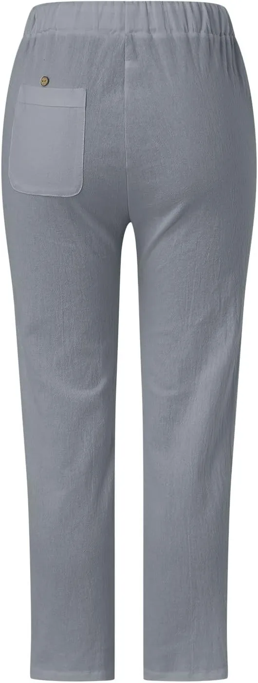 Linen Pants for Women Casual Summer Boho Straight Leg Solid Color High Waisted Linen Pants Straight Trousers with Pockets