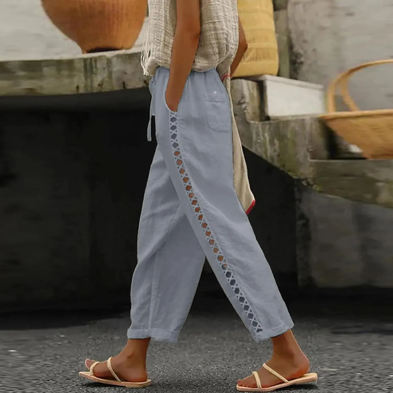 Linen Pants for Women Casual Summer Boho Straight Leg Solid Color High Waisted Linen Pants Straight Trousers with Pockets