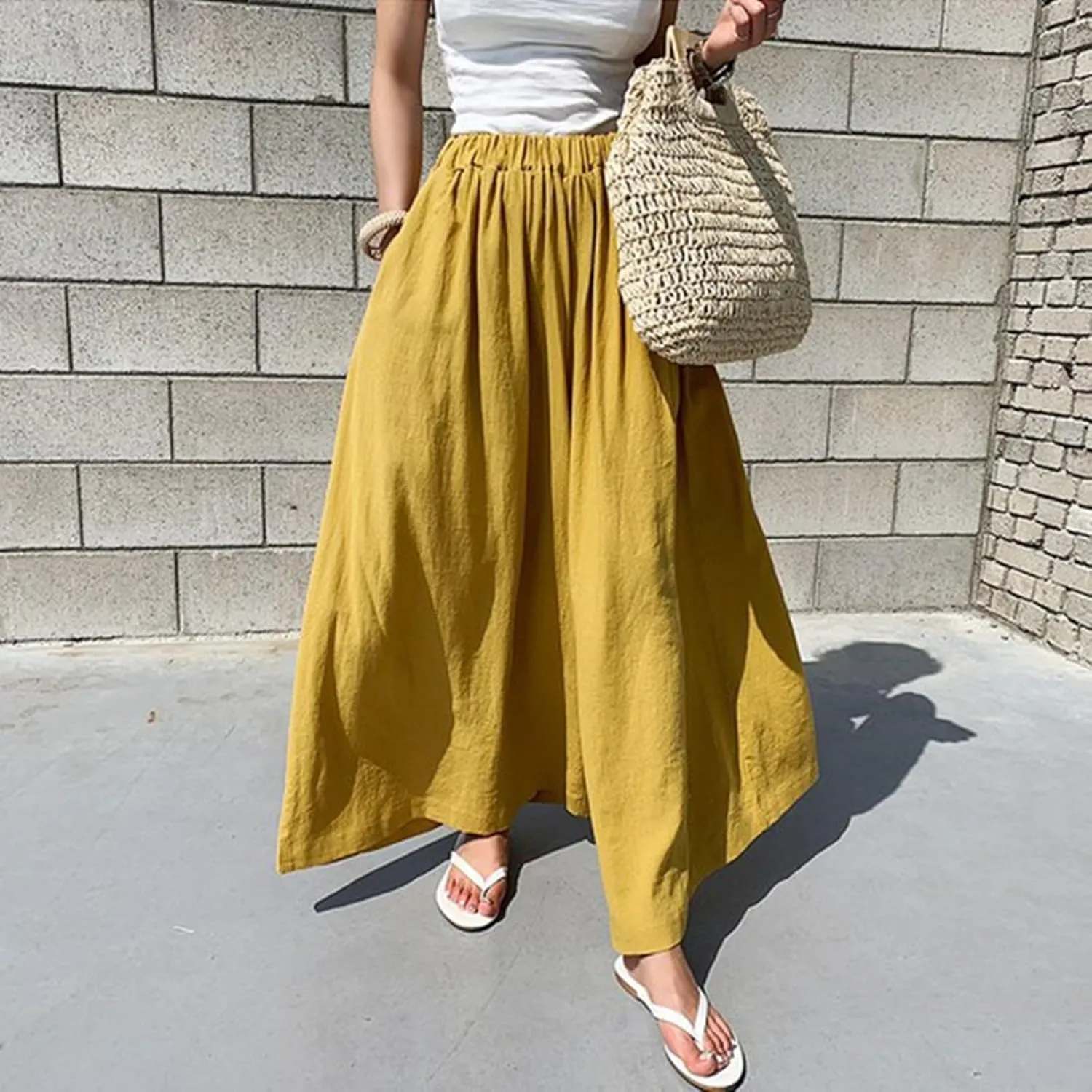 Linen Pants Women Comfy Flowy Wide Leg Pants Trousers Summer High Waisted Beach Palazzo Pants with Pocket Lounge Pant Trouser