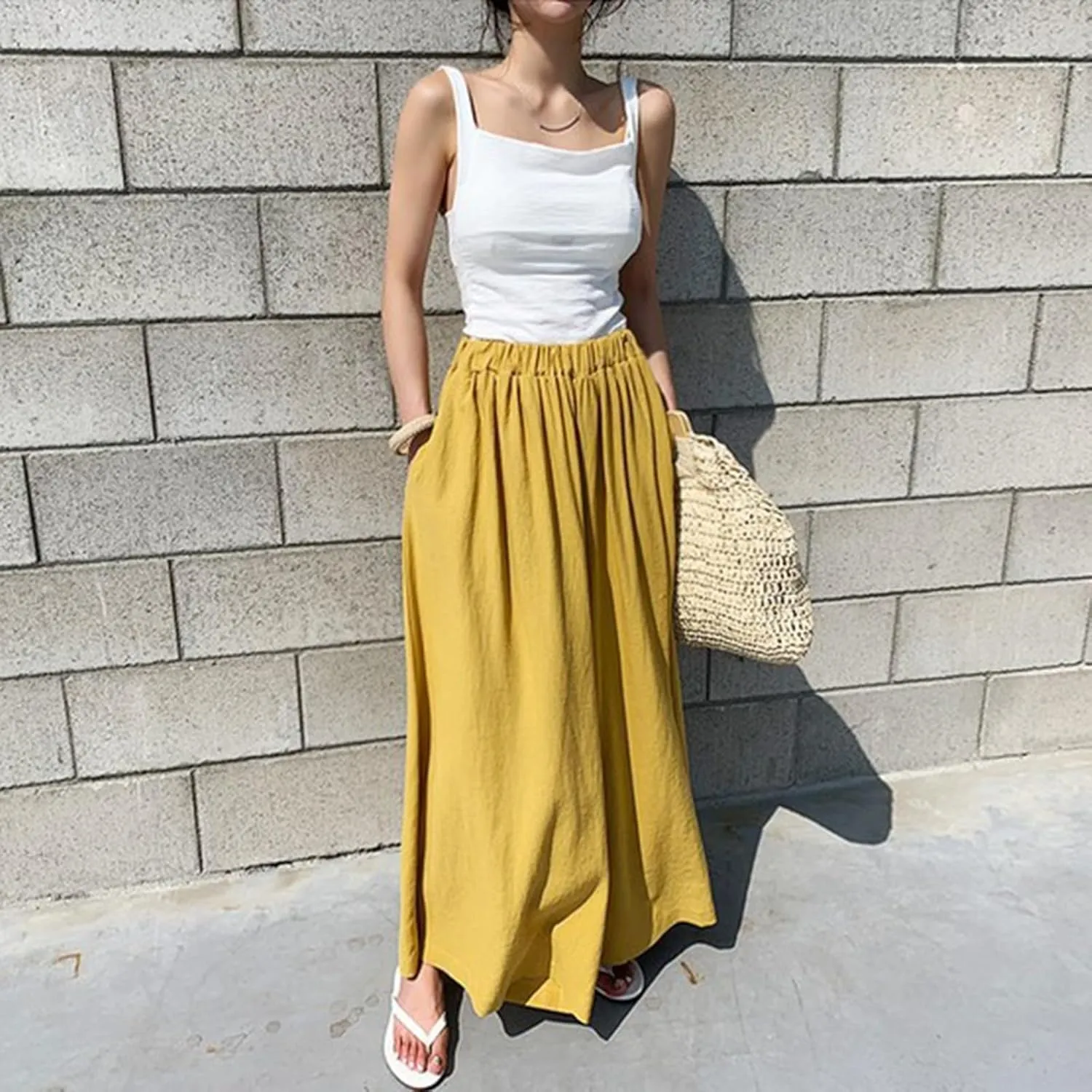 Linen Pants Women Comfy Flowy Wide Leg Pants Trousers Summer High Waisted Beach Palazzo Pants with Pocket Lounge Pant Trouser