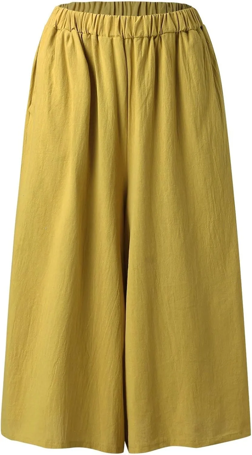 Linen Pants Women Comfy Flowy Wide Leg Pants Trousers Summer High Waisted Beach Palazzo Pants with Pocket Lounge Pant Trouser