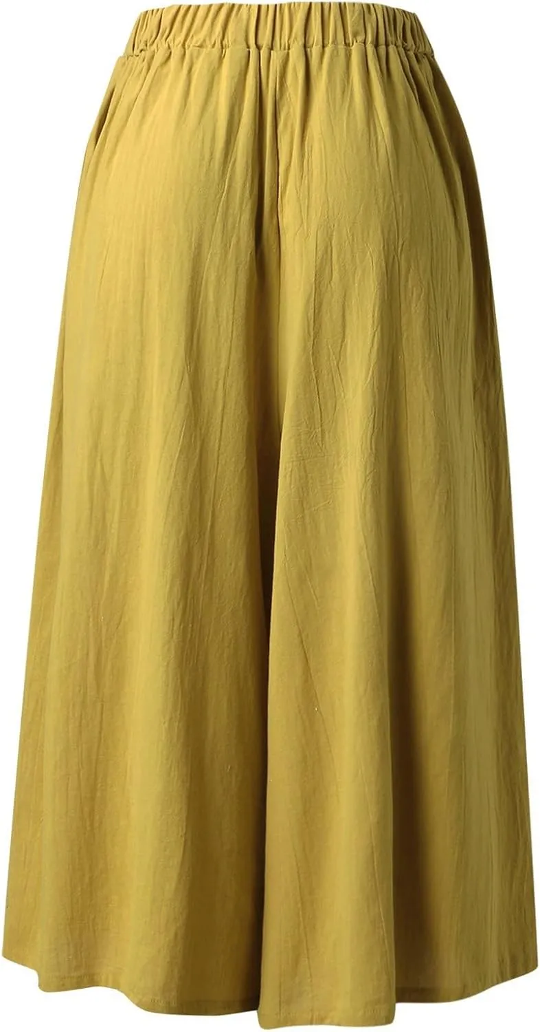 Linen Pants Women Comfy Flowy Wide Leg Pants Trousers Summer High Waisted Beach Palazzo Pants with Pocket Lounge Pant Trouser