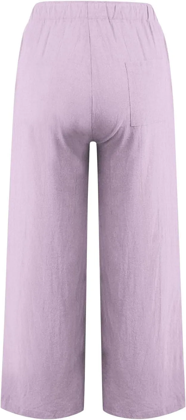 Linen Pants Women High Waisted Drawstring Palazzo Pants 2025 Flowy Wide Leg Trouser with Pockets Beach Vacation Clothes