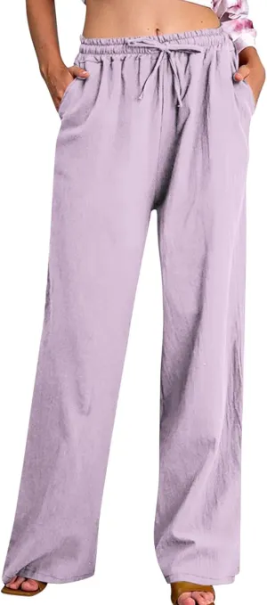 Linen Pants Women High Waisted Drawstring Palazzo Pants 2025 Flowy Wide Leg Trouser with Pockets Beach Vacation Clothes