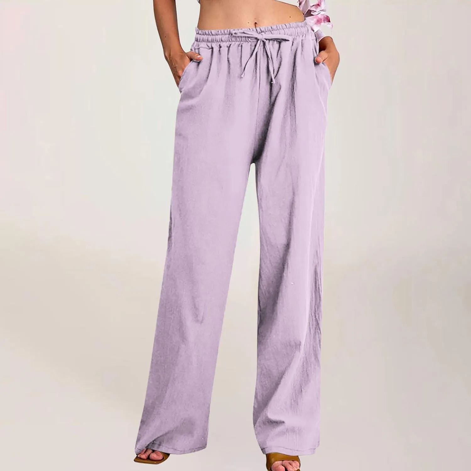 Linen Pants Women High Waisted Drawstring Palazzo Pants 2025 Flowy Wide Leg Trouser with Pockets Beach Vacation Clothes