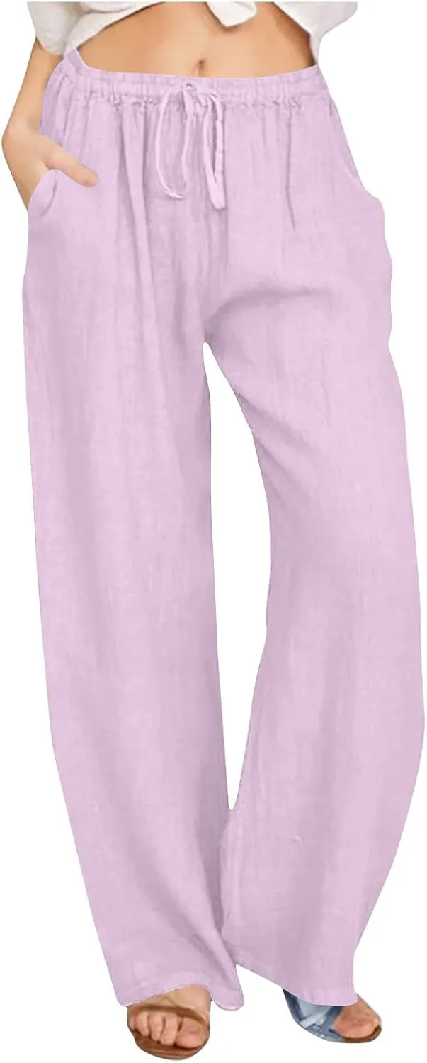 Linen Pants Women High Waisted Drawstring Palazzo Pants 2025 Flowy Wide Leg Trouser with Pockets Beach Vacation Clothes