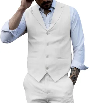 Linen Vest for Men Slim Fit Single Breasted Summer Beach Wedding Groom's Waistcoat with Real Pockets for Daily Wear (Color : White, Size : X-Small)
