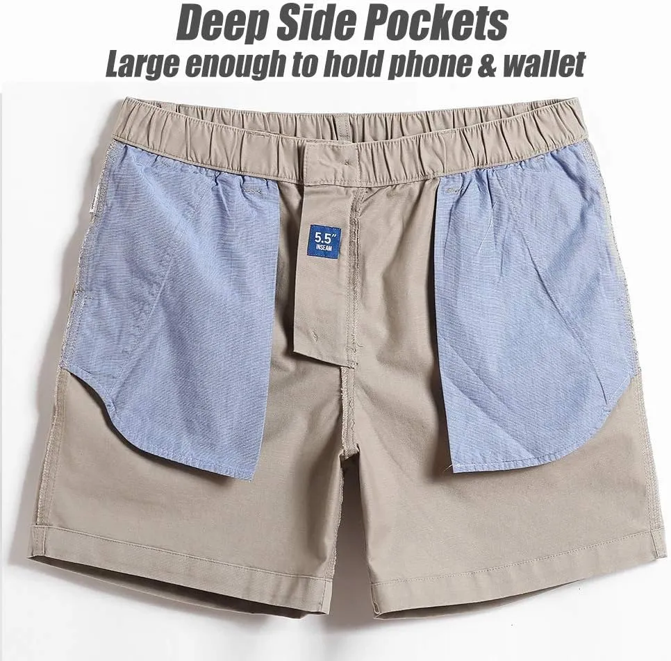 maamgic Men's Classic-fit 5.5" Cotton Casual Shorts Elastic Waistband with Multi-Pocket Daily Wear Walking Summer Outfit