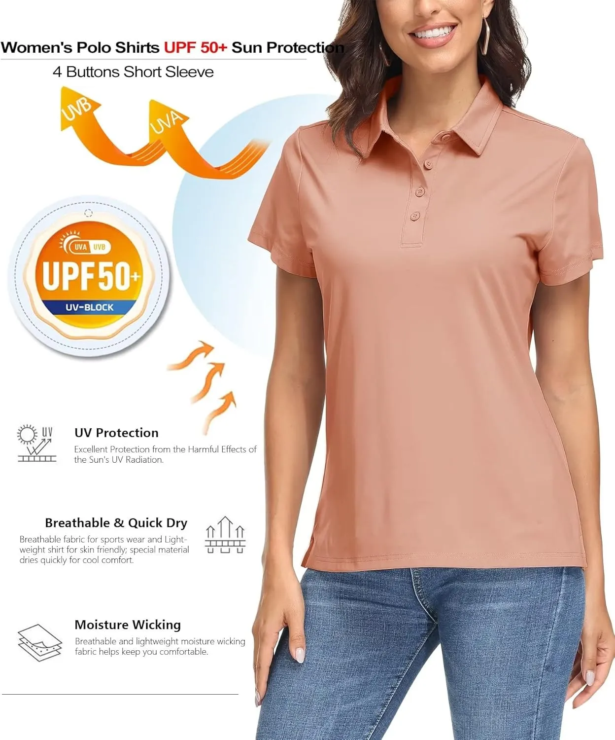 MAGCOMSEN Women's Polo Shirts UPF 50  Sun Protection 4 Buttons Casual Work Quick Dry Short Sleeve Collared Golf Shirt